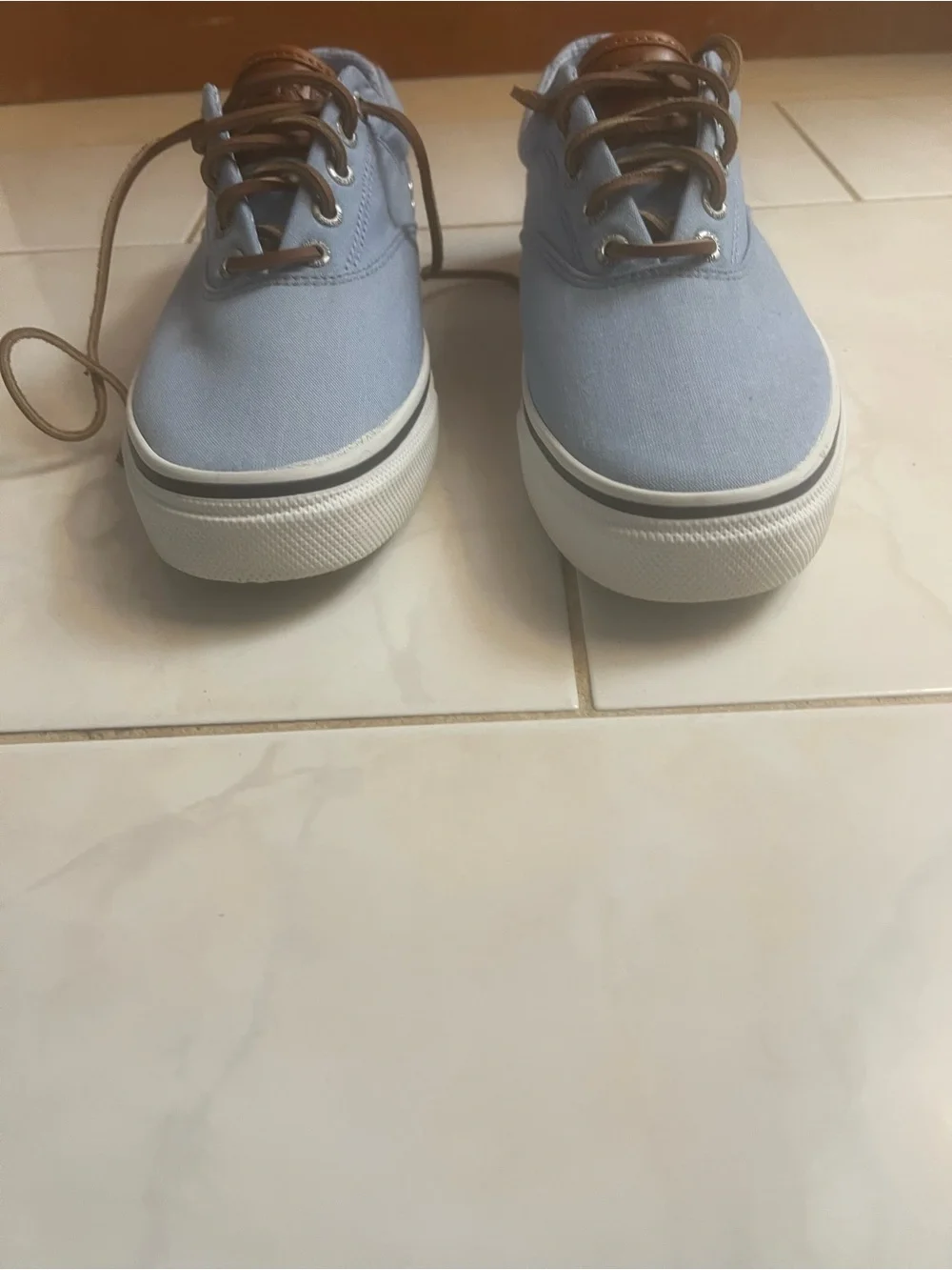 Sperry Top-Sider Striper Men’s Light Blue Canvas Boat Shoes with Brown Trim